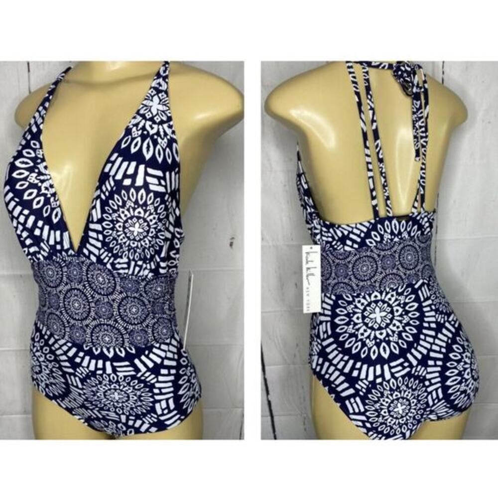 NICOLE MILLER Swimsuit Halter w/Gathered Sash Open Back Boho Print NWT